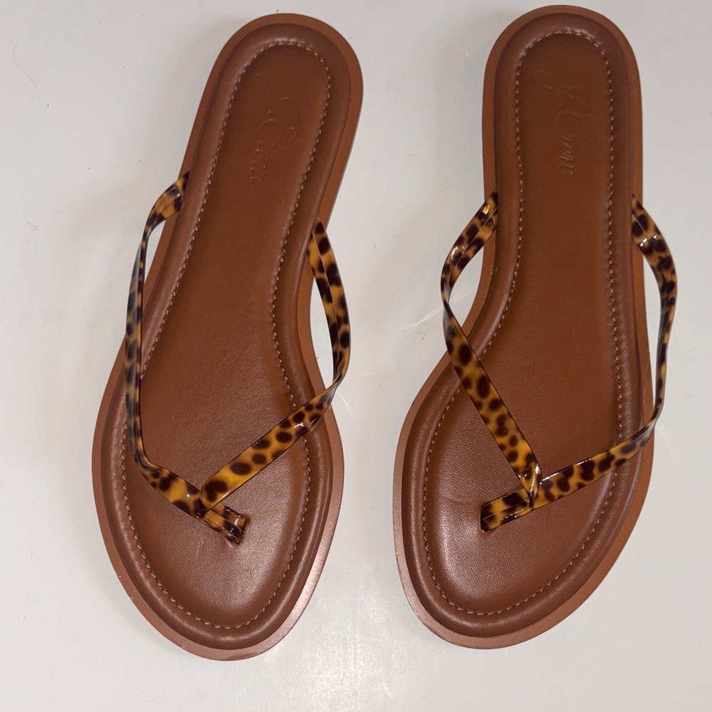 NEW J.Crew Leather Women's Brown Tortoiseshell Strap Slide Sandals Women’s 11